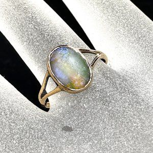 Antique 14K yellow gold natural 10.3x 7mm oval Jelly Opal cabochon ring 1.7g 6.5